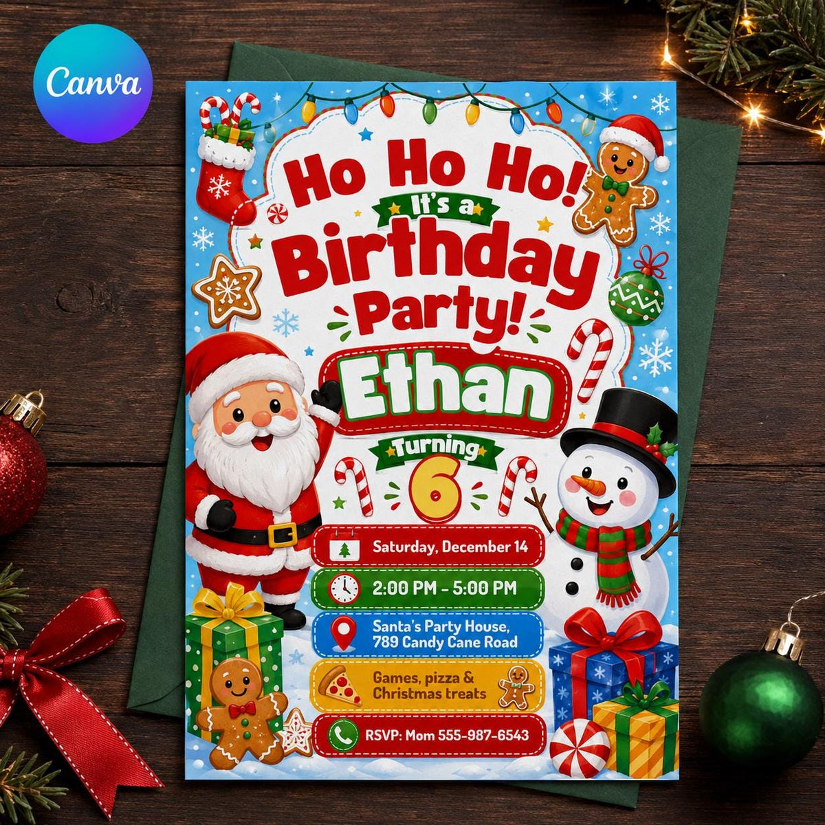 Santa Christmas 6th birthday invitation ready to print