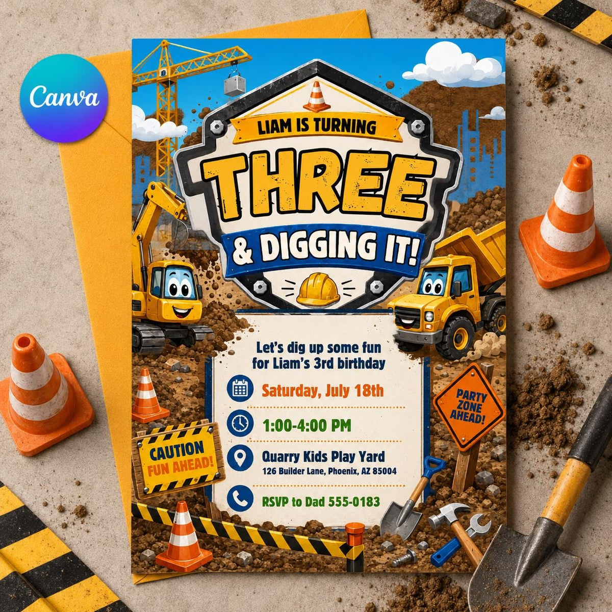 Truck construction first birthday invitation