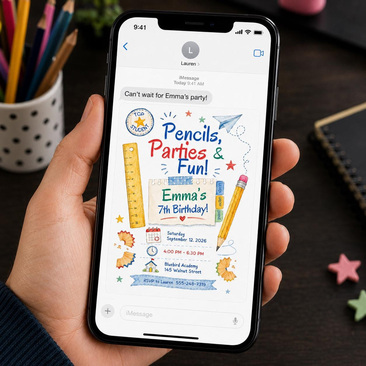 School Birthday Party Invitation, Colorful Pencil Theme 7th Birthday, Editable Printable Canva Template