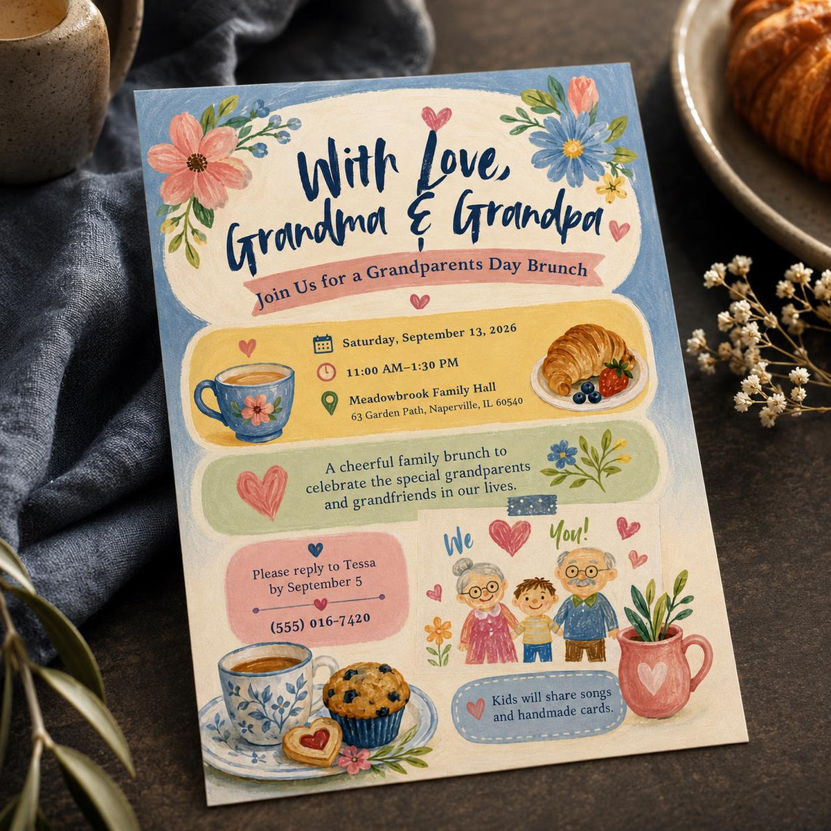Grandparents Day Brunch Invitation, Floral Family Breakfast Flyer, Editable Printable Canva Template