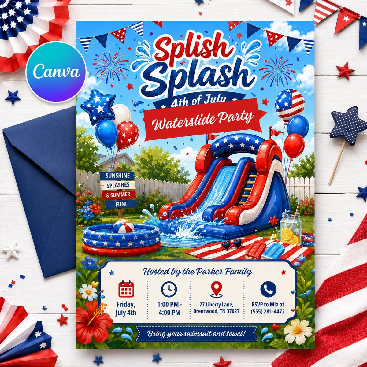 4th of July Waterslide Party Invitation — digital invitation, instant download