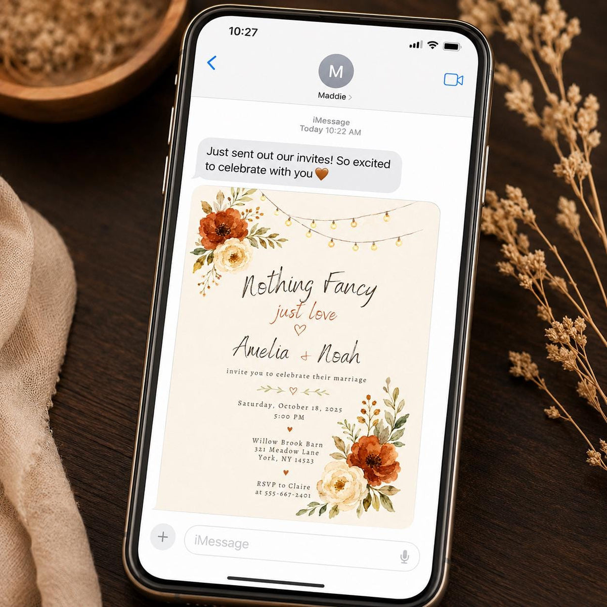 Rustic Fall Wedding Invitation, Nothing Fancy Just Love Terracotta Floral Barn Celebration, Editable Printable Canva Template