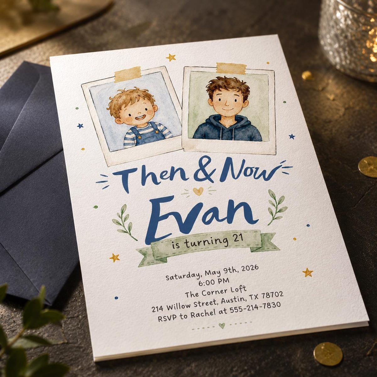 21st Birthday Photo Invitation, Then and Now Polaroid Party Invite, Milestone Editable Printable Canva Template