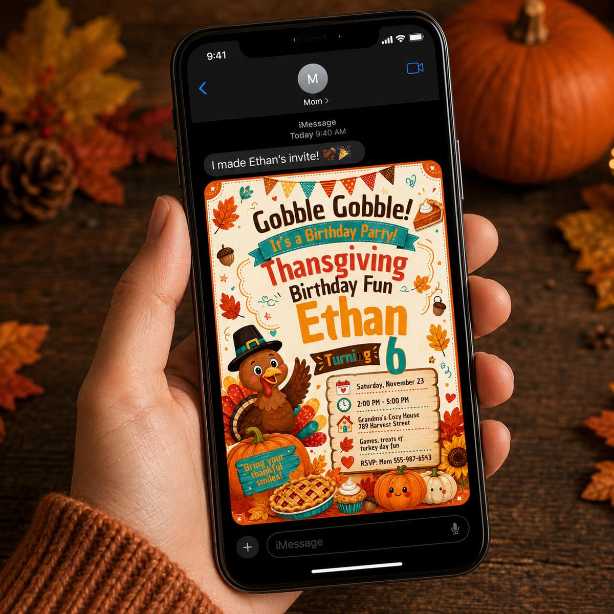 Thanksgiving Birthday Invitation, Cute Turkey 6th Birthday Boy, Fall Party Editable Printable Canva Template