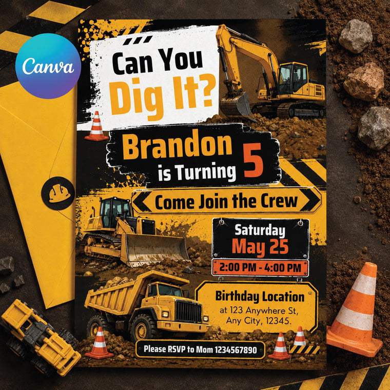 Truck Construction birthday invitation Let's Dig Up Some Fun