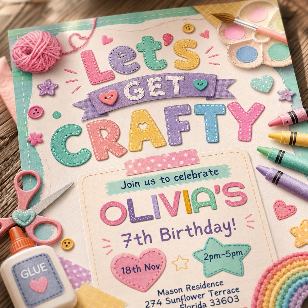 Rainbow Pastel Craft Party Invitation for Girls — birthday party stationery by VoltBy