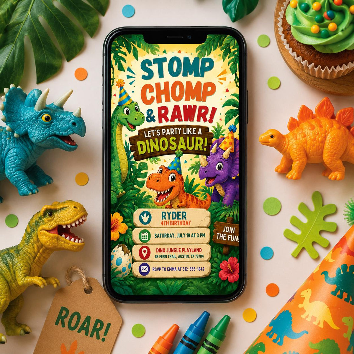 Dinosaur 4th Birthday Invitation for Boys — 4th birthday party stationery by VoltBy