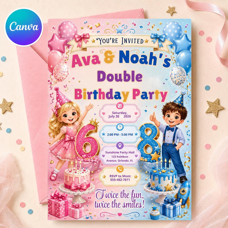 Pink and Blue Joint 6th and 8th Birthday Invitation