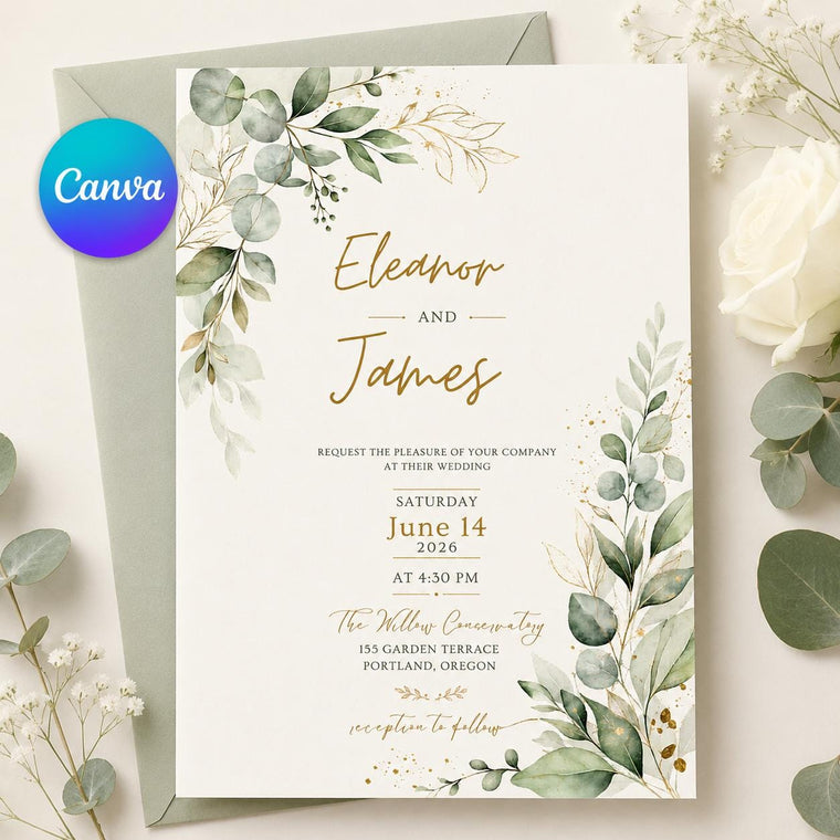 Eucalyptus Wedding Invitation with Gold Script