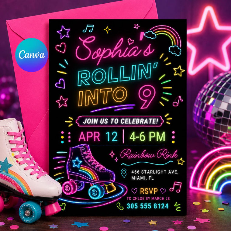 Neon Rollin' into Nine Roller Skate Birthday Invitation