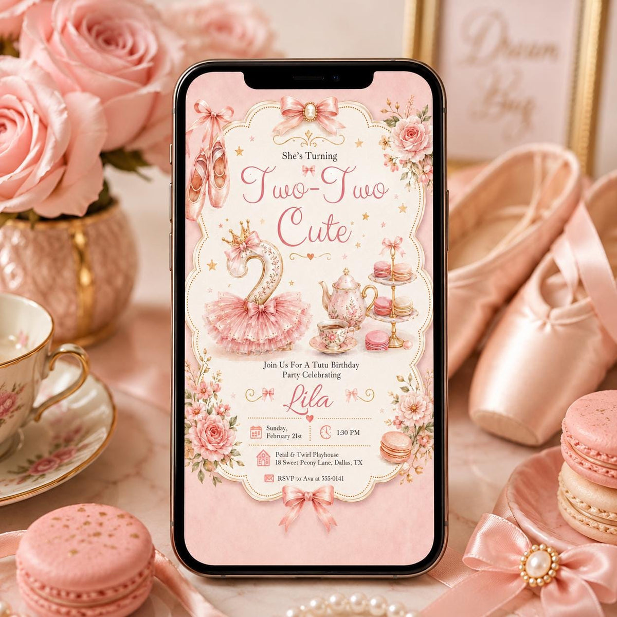 Pink Tutu 2nd Birthday Invitation for Girls — digital invitation, instant download