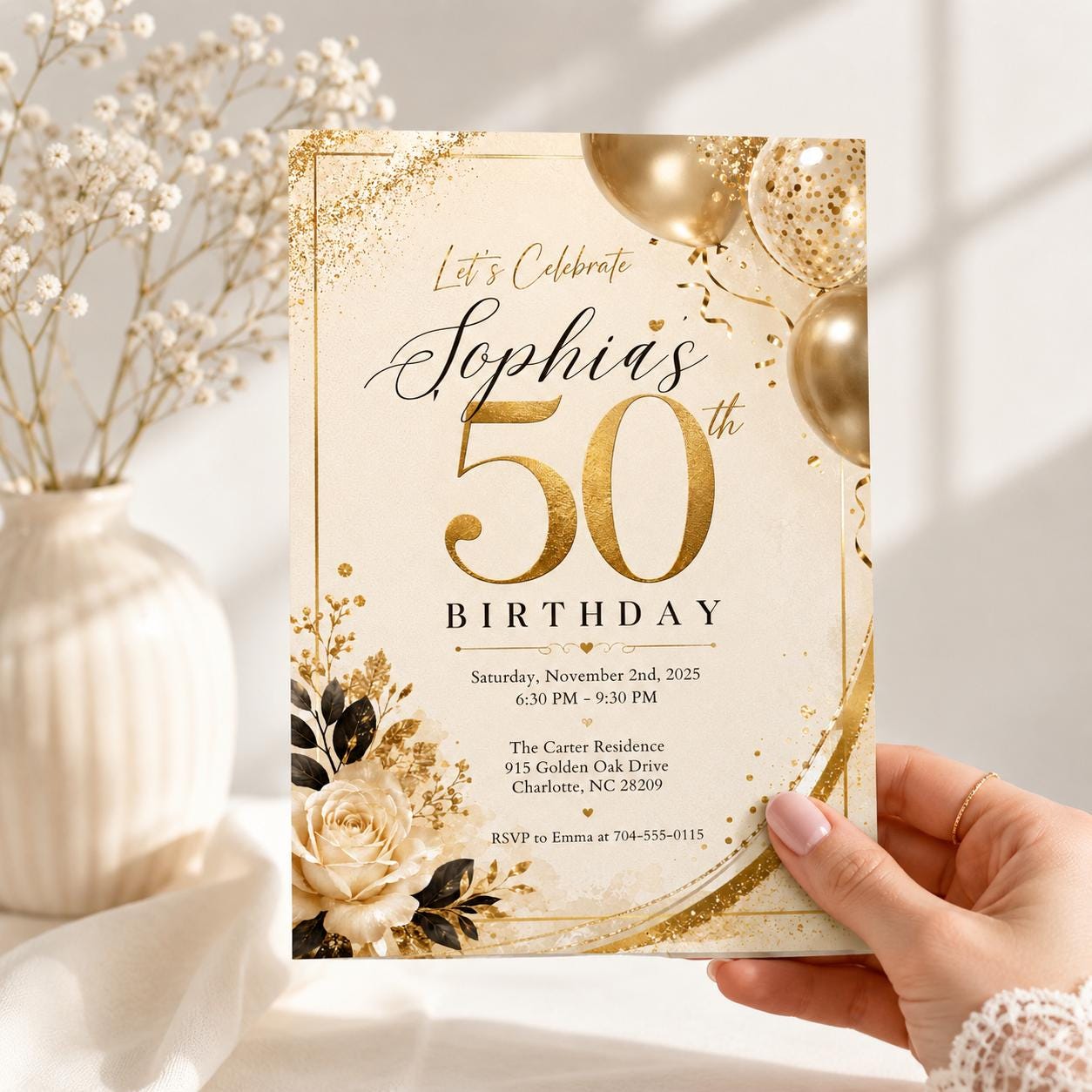 Editable 50th Birthday Invitation Template: Gold Floral Design (Digital Download) __etsy:8054939001