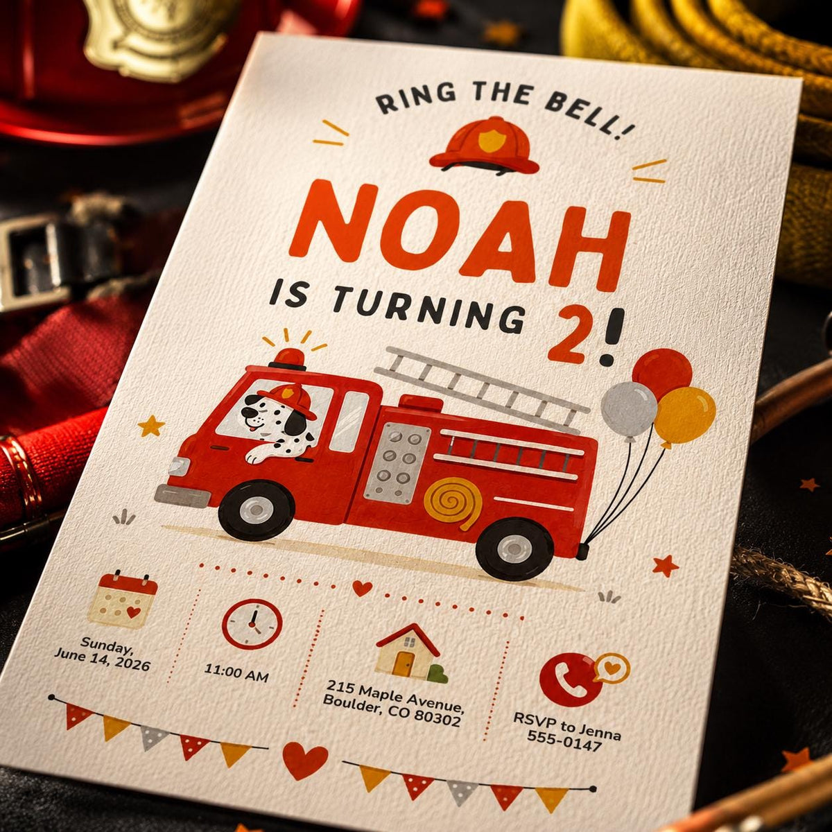 Firefighter Firetruck 2nd Birthday Invitation for Boys — 2nd birthday party stationery by VoltBy