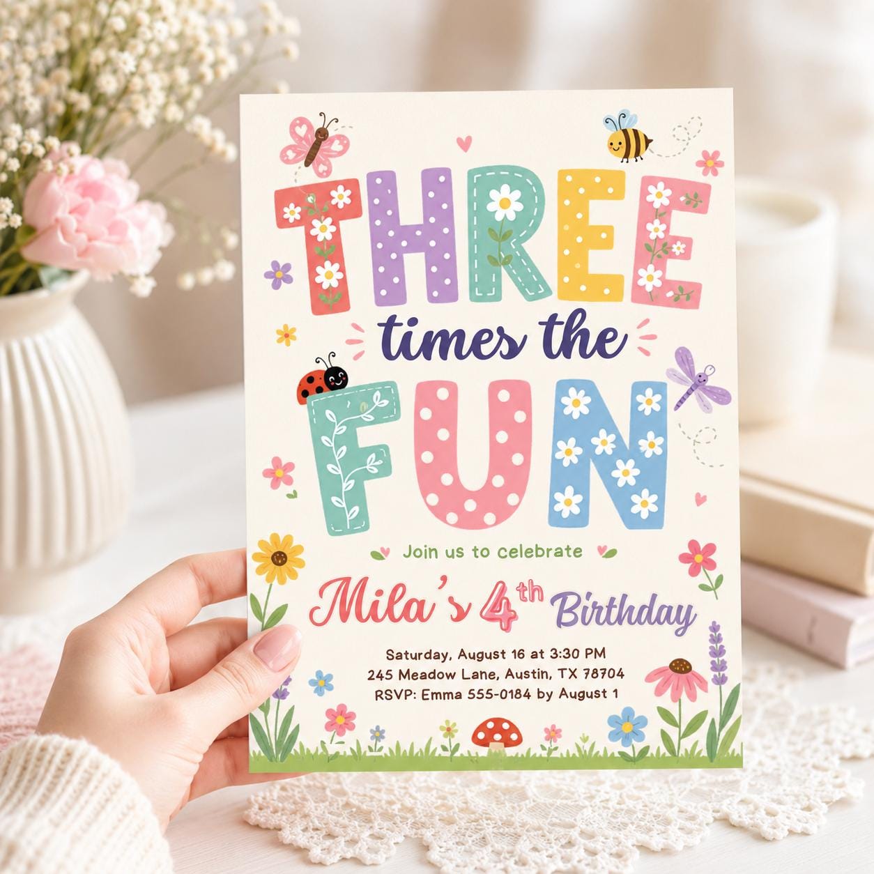 Girl 3rd Birthday Party Invitation, Three Times the Fun Birthday Party, Colorful Girl Third Birthday Invite, Editable Canva Template __etsy:8035927903