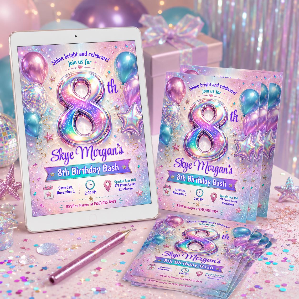 Holographic 8th Birthday Invitation, Iridescent Sparkle Girl Party Invite, Editable Printable Canva Template __etsy:8173904902