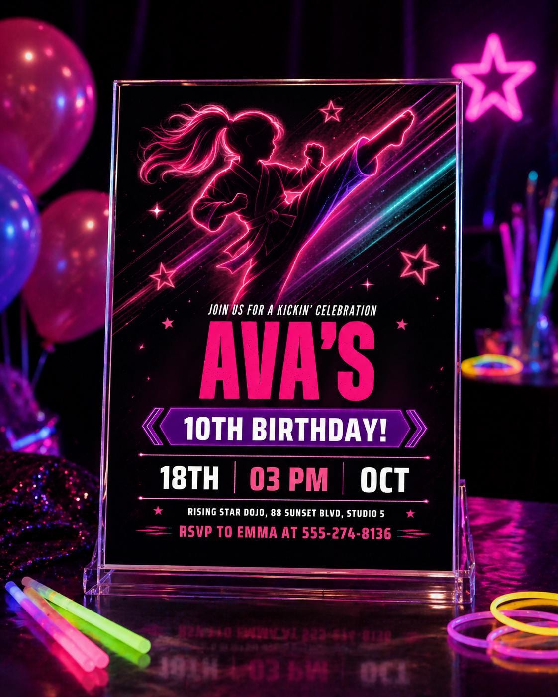 Karate Birthday Invitation, Martial Arts Party Invite, Neon Theme, Taekwondo Party, Kids Kick Party, Editable Template, Printable, Digital __etsy:8017913837
