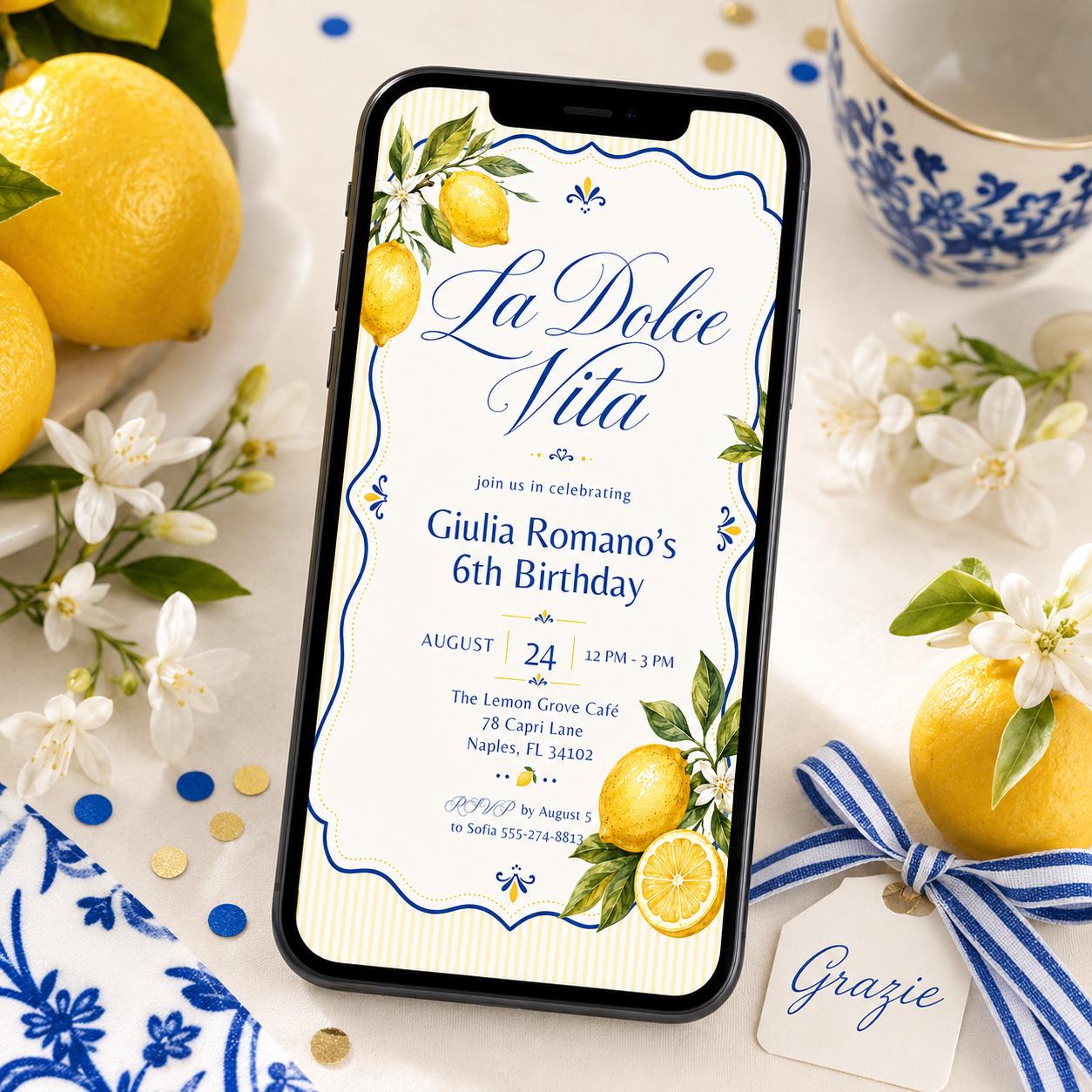 La Dolce Vita Birthday Invitation - Italian Dinner Party Invite, Editable in Canva, Editable Lemon Birthday Invitation __etsy:8050050257