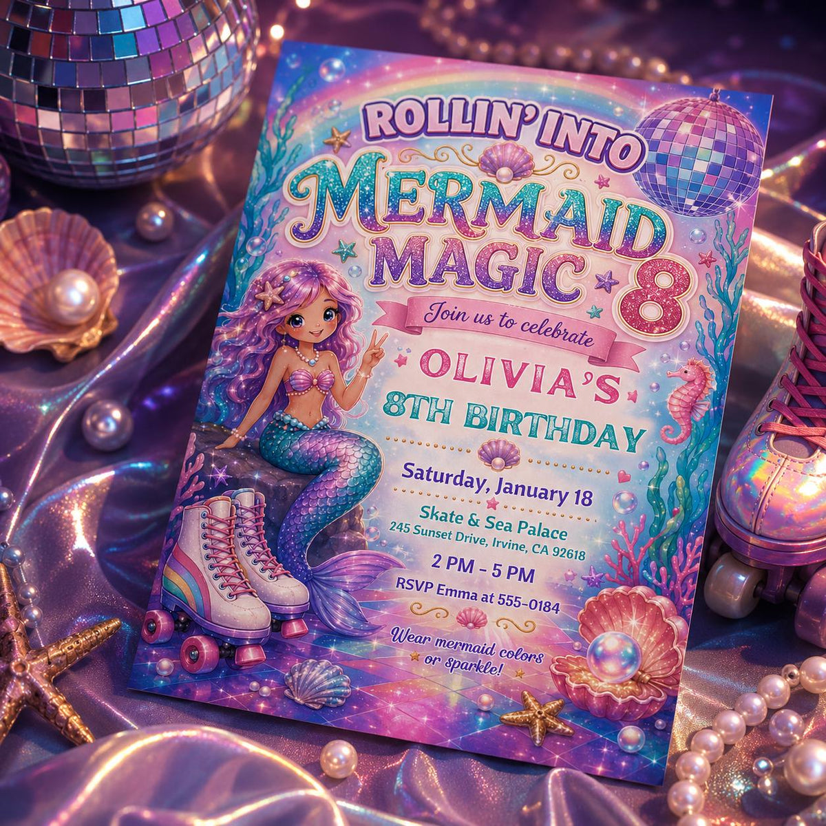 Pink and Purple Mermaid Magic Birthday Invitation — digital invitation, instant download