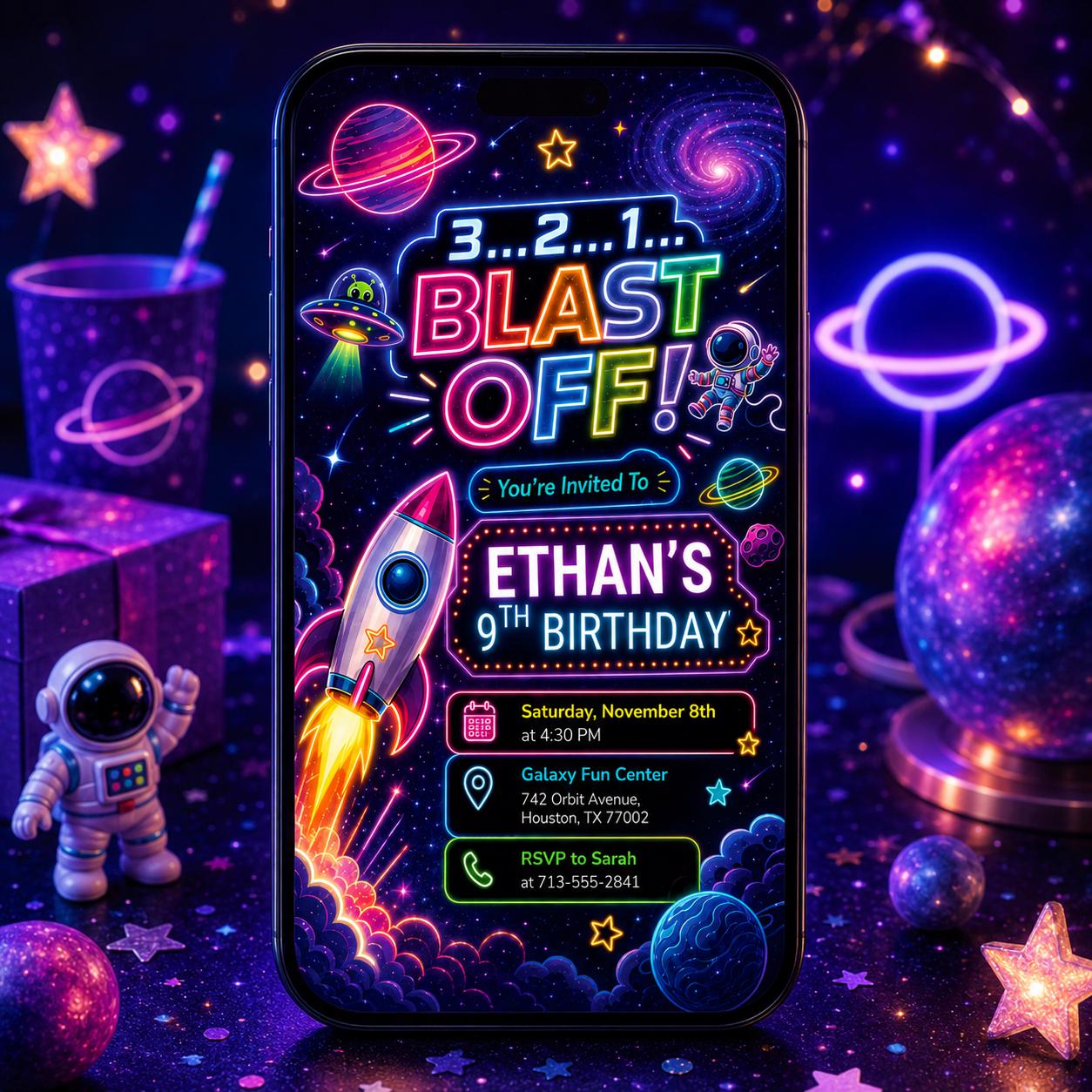 Neon Space Birthday Party Invitation, Galaxy Party Invitation, Astronaut Outer Space Birthday Invite, Space Rocket Planets, Blast Off, Canva __etsy:8072220407