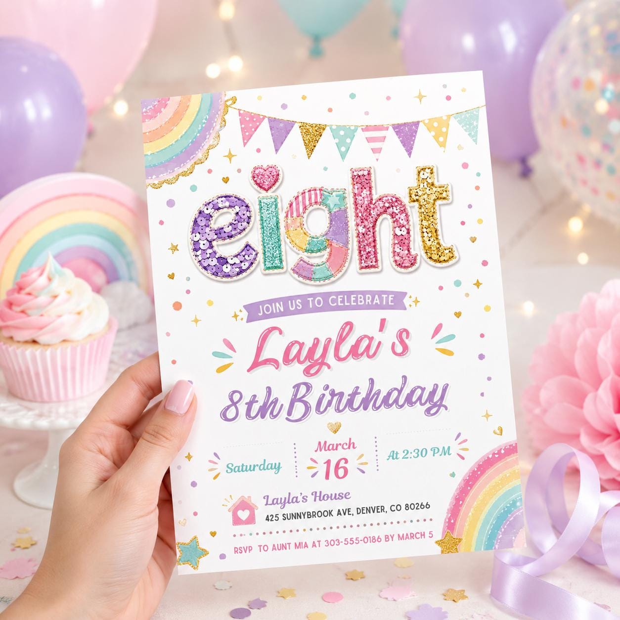 Pink Purple 8th Birthday Invitation, Rainbow Glitter Girl Birthday Party Invitation, Eight Glitter Birthday Girl Invitation, Editable Canva __etsy:8012848212