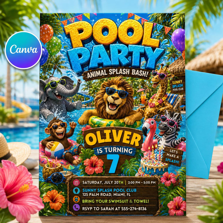 Zoo Animal Pool Party 7th Birthday Invitation