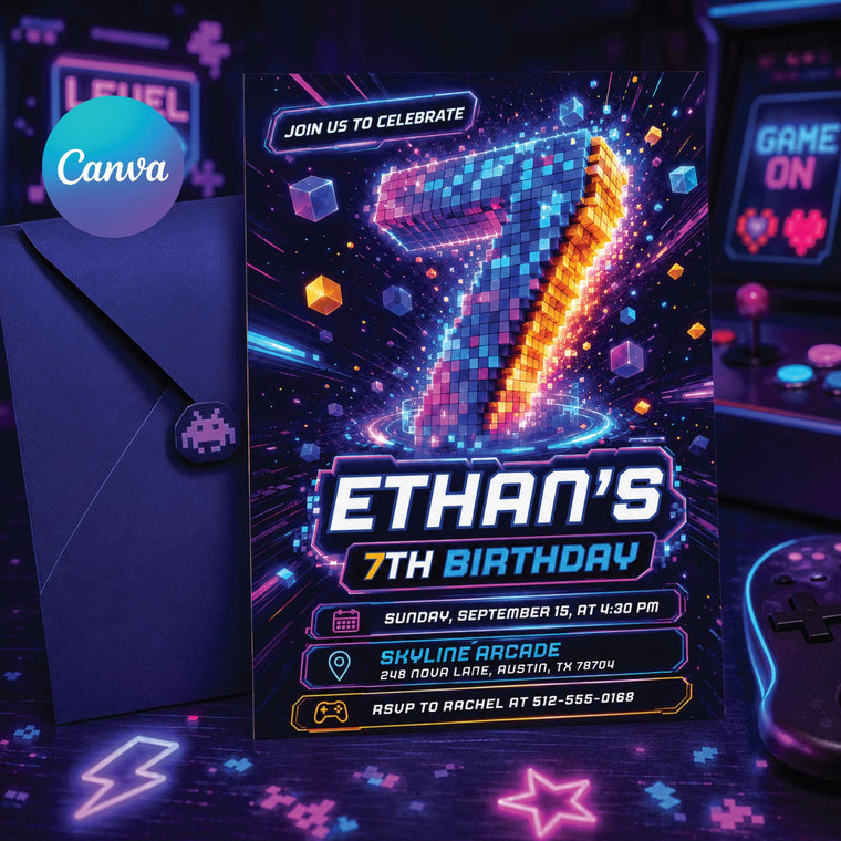 Blue Neon Retro Gaming 7th Birthday Invitation