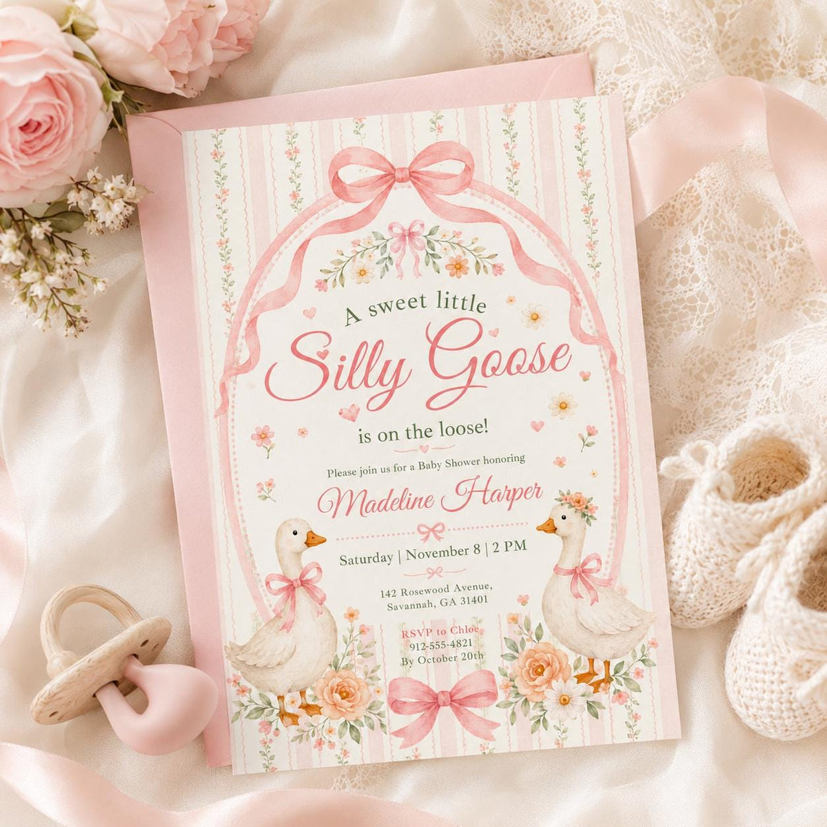 Pink Gingham Silly Goose Baby Shower Invitation: Sweet Little Goose — baby shower stationery by VoltBy