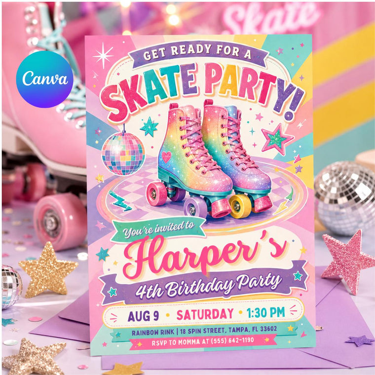 Rainbow Retro Skate Party Invitation