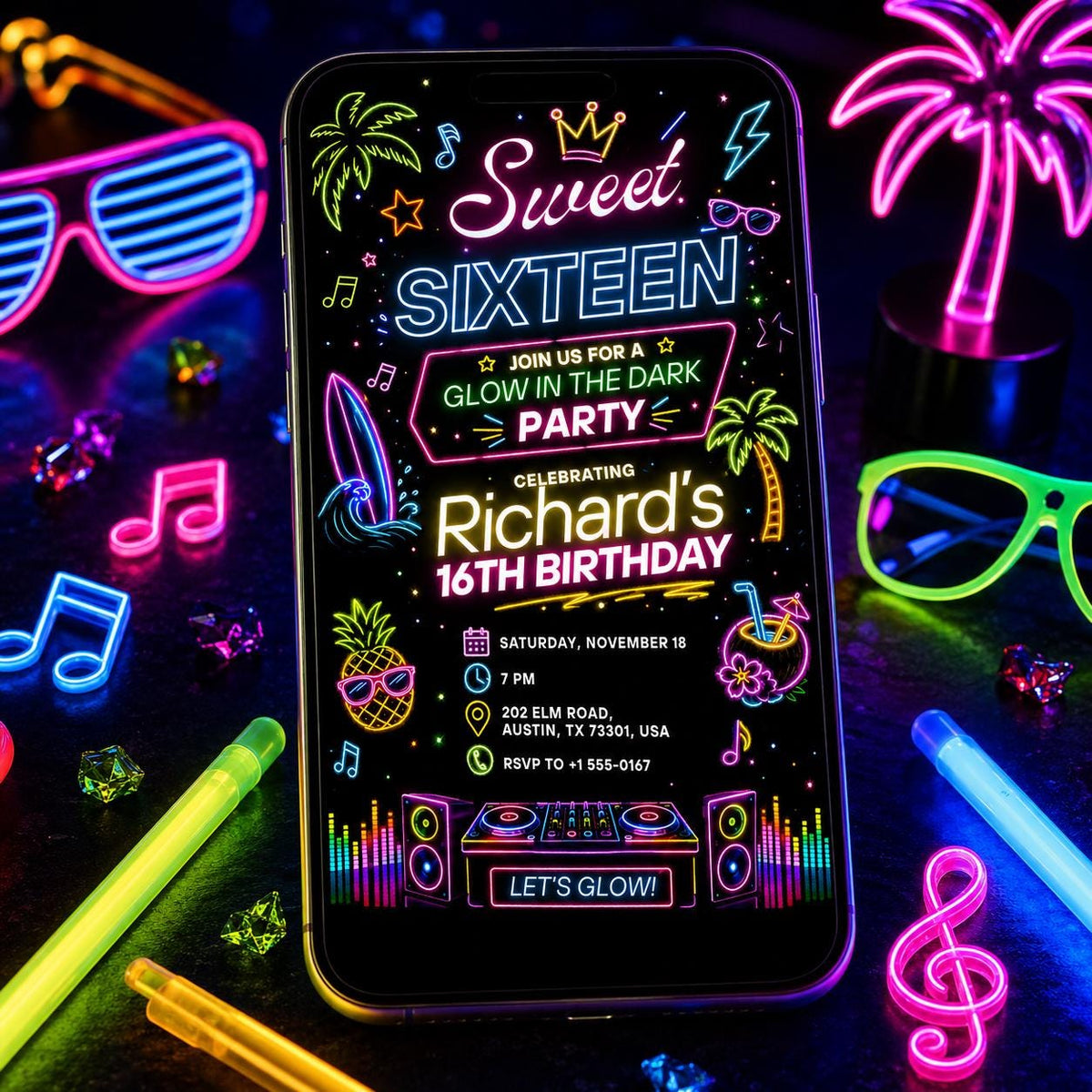 Neon Sweet Sixteen Glow in the Dark Party Invitation — sweet 16 stationery by VoltBy