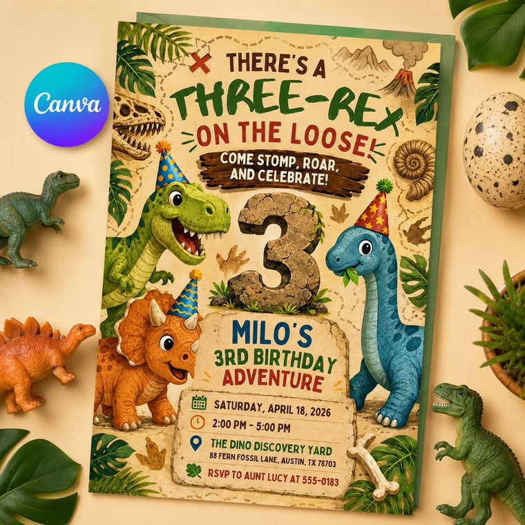 Three Rex Dinosaur Adventure Birthday Invitation for Boys