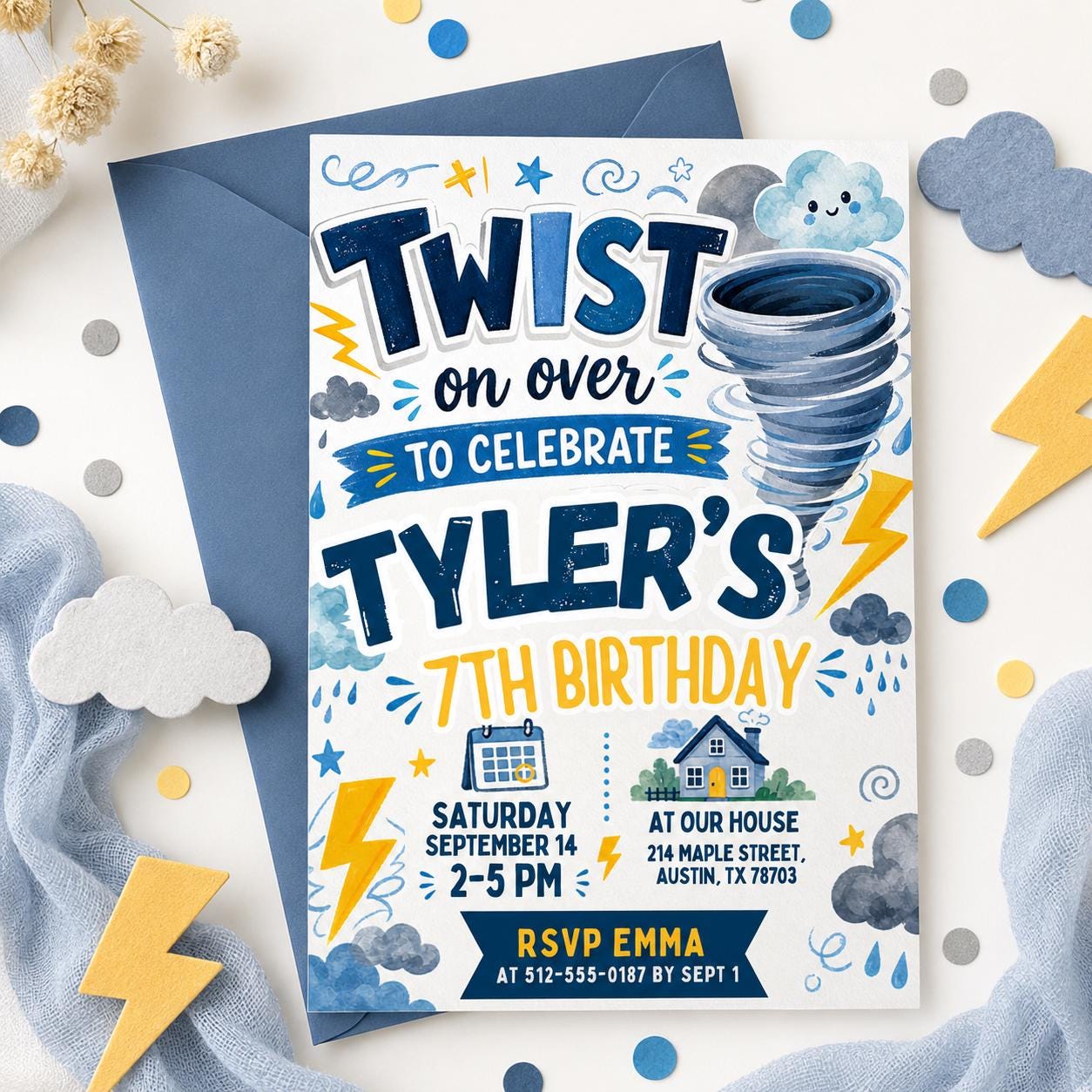 Twisted on Over to Celebrate Birthday Invite, Tornado-Themed Birthday Invitation Boy Invite, Twister 7th Birthday Invitation, Canva Template __etsy:7991918206