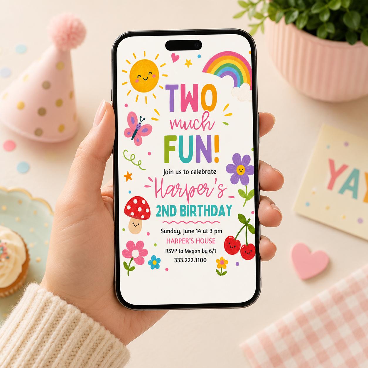 Two Much Fun Birthday Invite, Colorful 2nd Birthday Template, Editable Girl Party Invite, Watercolor, Gingham, Rainbow, Canva Template __etsy:8032601538