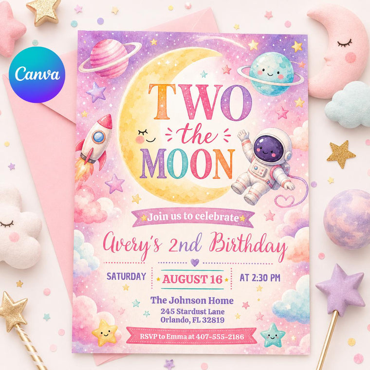 Blue Two The Moon Birthday Invitation for Boys