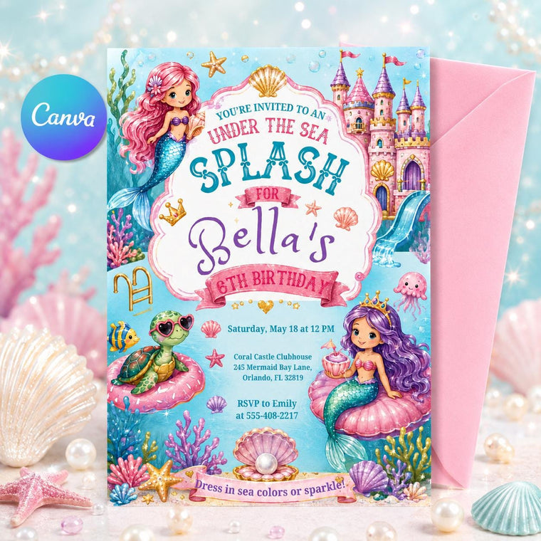 Mermaid Castle Under the Sea Splash 6th Birthday Invitation