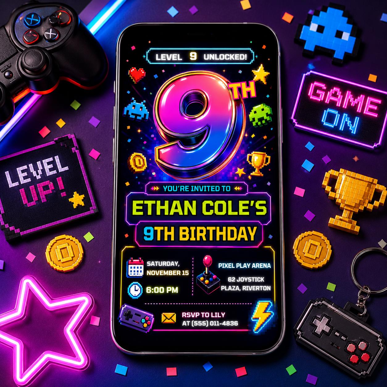 Video Game Birthday Invitation, Level 9 Unlocked 9th Birthday Gamer Invite, Editable Printable Canva Template __etsy:8173906808