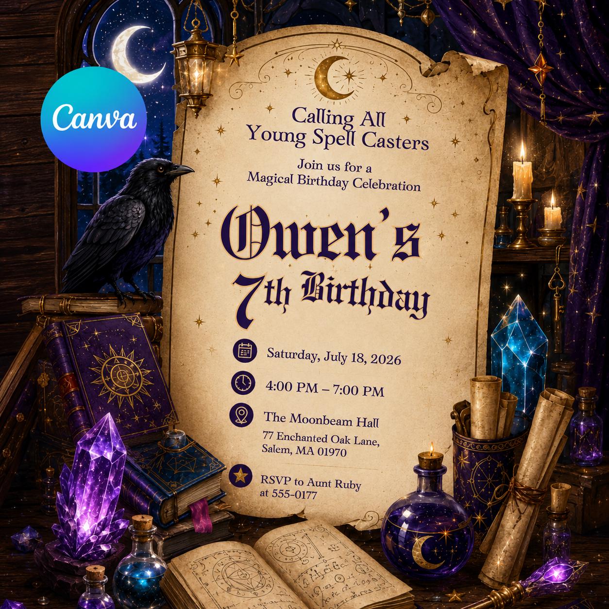 Wizard Birthday Invitation Editable Canva Template, Magical Spell Caster Party Invite, Printable Magical Birthday Invitation Template __etsy:8128239464