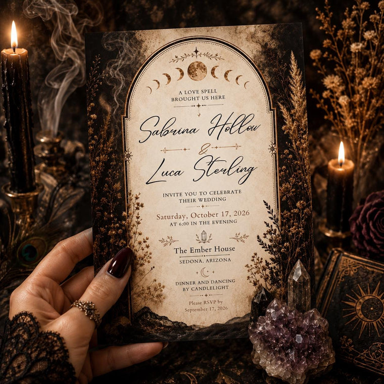 A Love Spell Gothic Wedding Invitation with Moon Phases