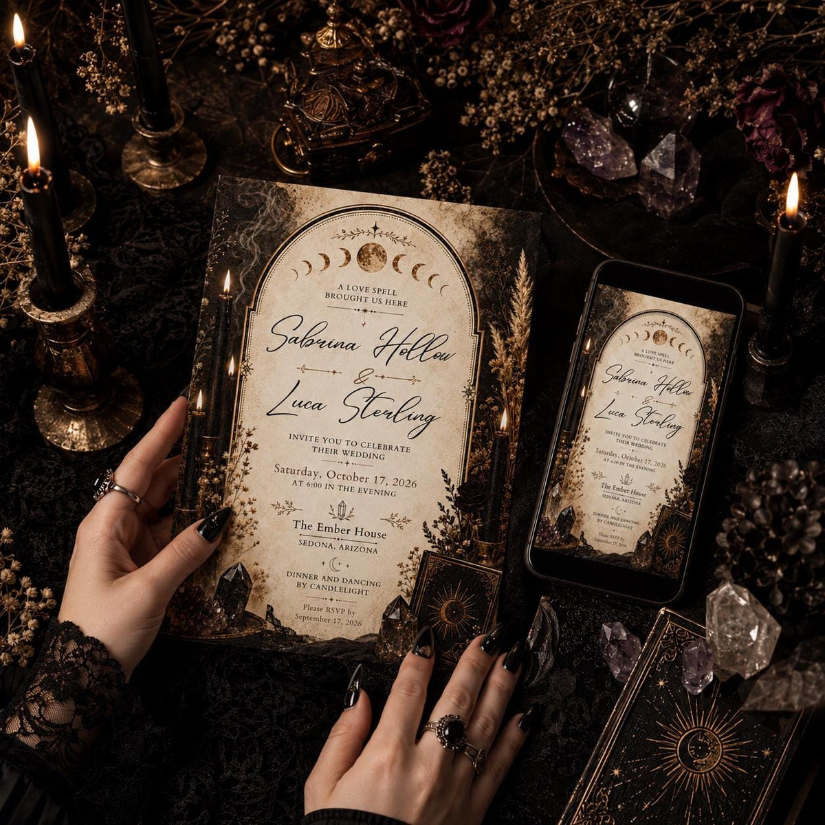 A Love Spell Gothic Wedding Invitation with Moon Phases — celestial artwork in black and cream