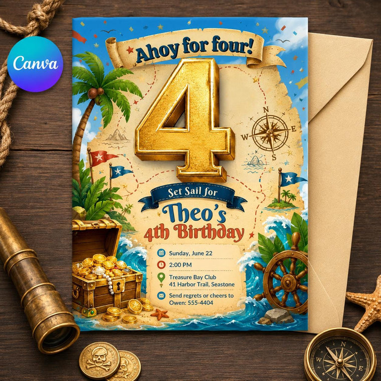 Ahoy for Four Pirate Birthday Invitation with Treasure Map