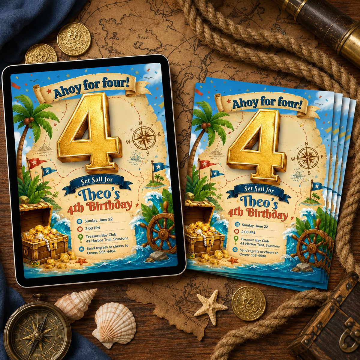 Ahoy for Four Pirate Birthday Invitation with Treasure Map — tropical artwork in blue and cream