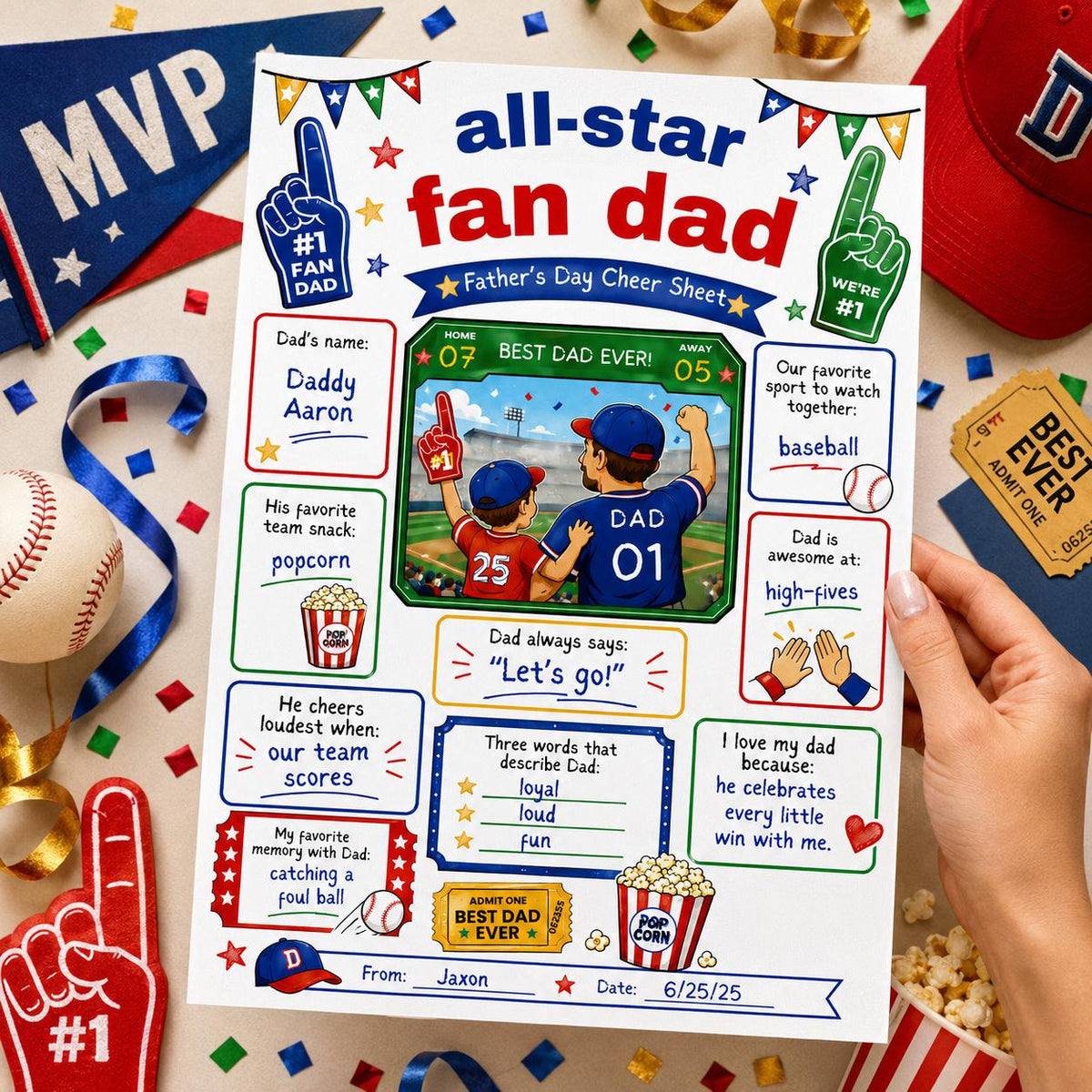 All-Star Fan Dad Father's Day Worksheet — sports artwork in blue and green