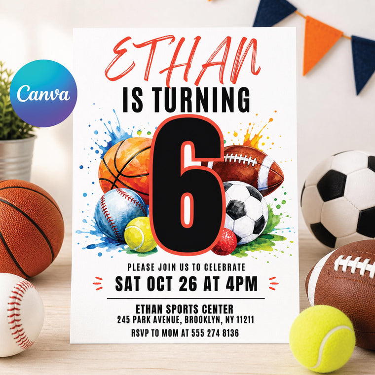 All-Star Sports 6th Birthday Invitation with Basketball and Baseball