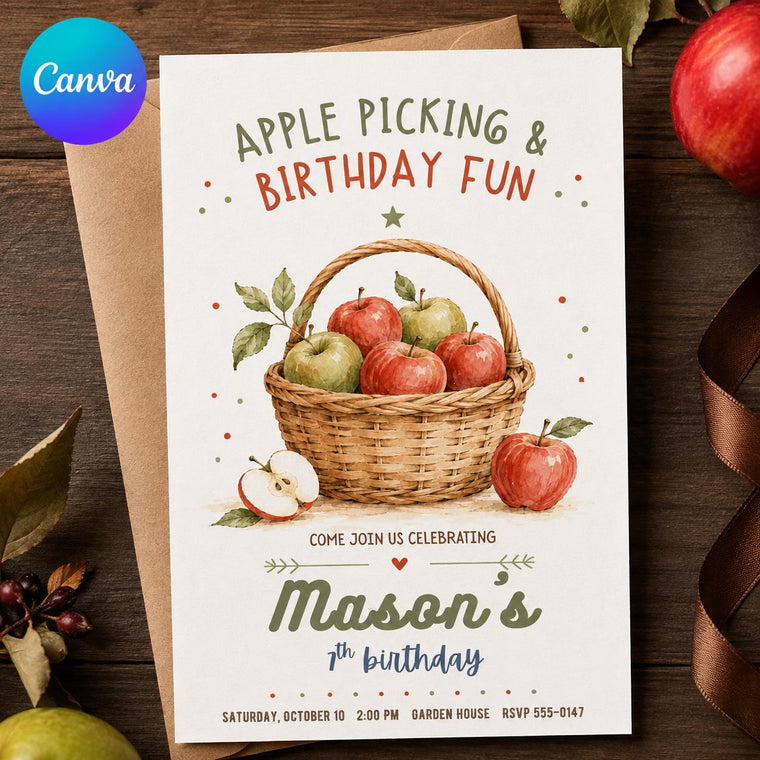 Apple Picking 7th Birthday Invitation