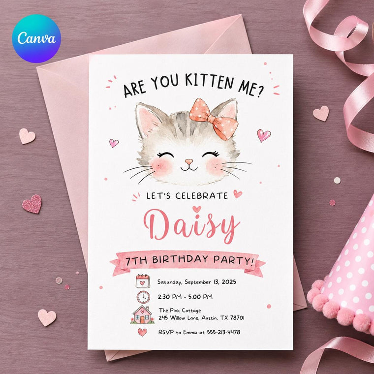 Are You Kitten Me Pink 7th Birthday Invitation