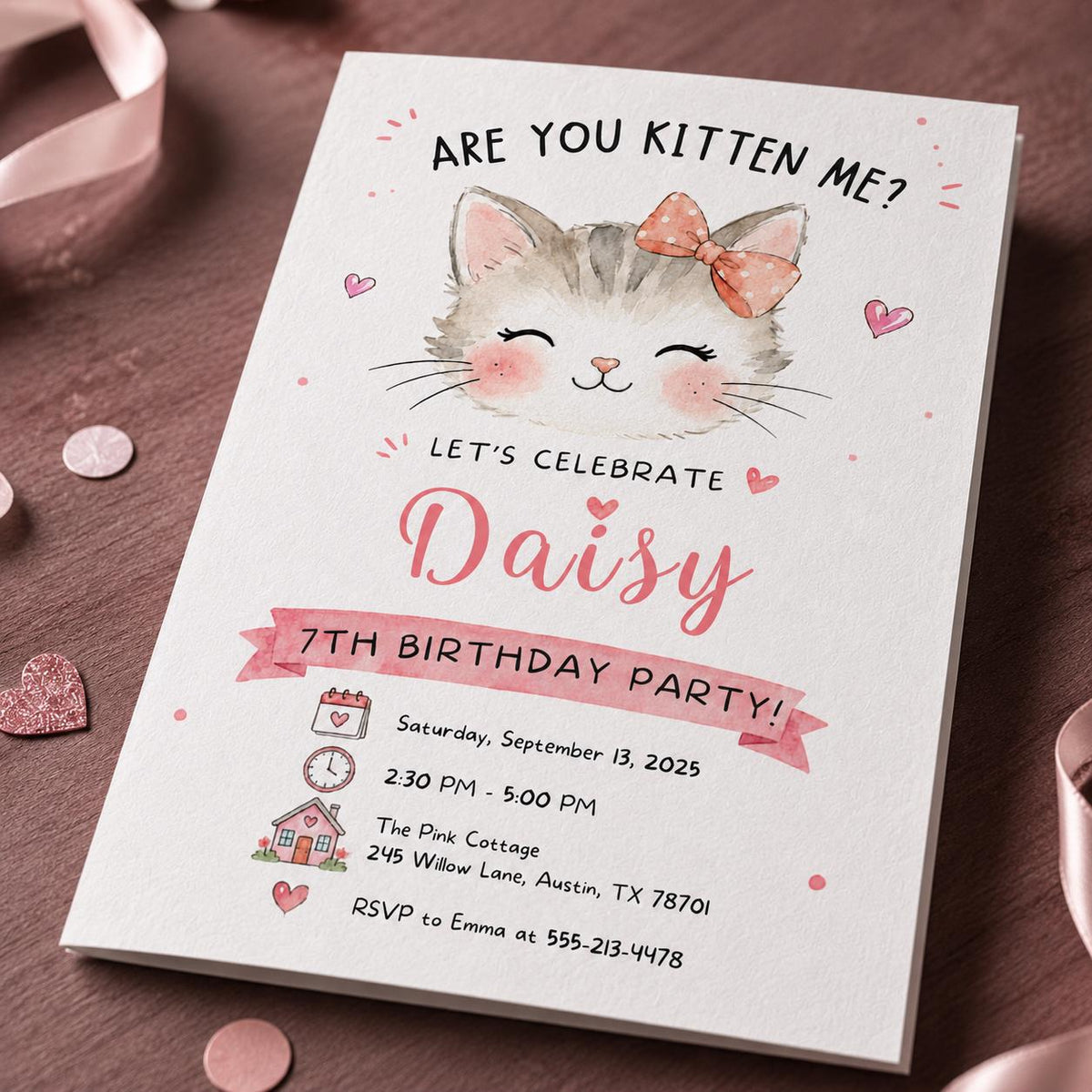 Are You Kitten Me Pink 7th Birthday Invitation — bow and cat artwork in cream