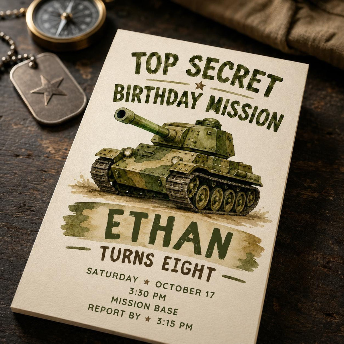 Army 8th Birthday Invitation for Boys — 8th birthday party stationery by VoltBy