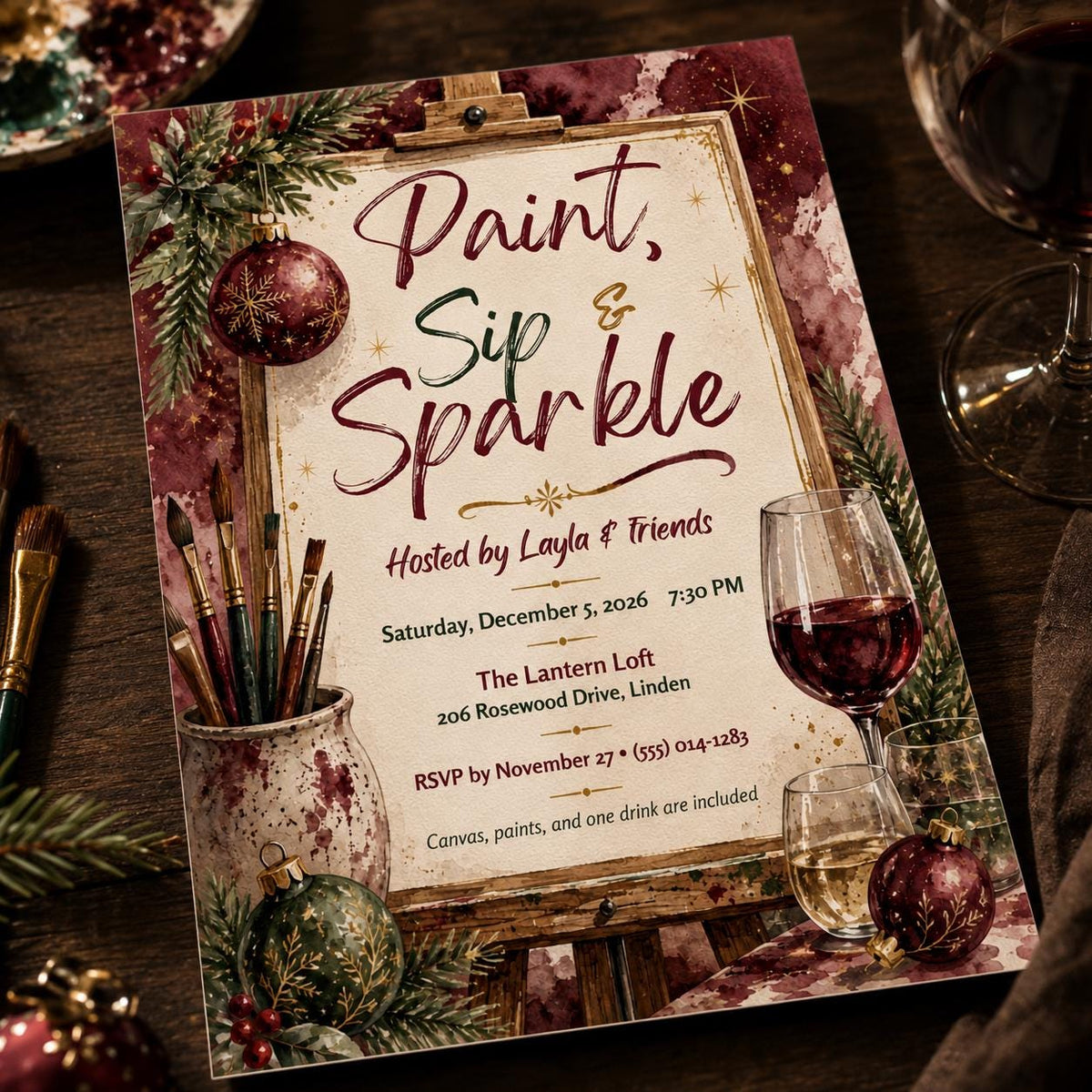 Art Christmas Paint and Sip Invitation — Christmas celebration stationery by VoltBy