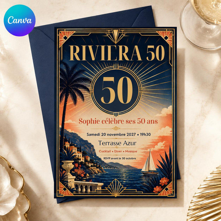 Art Deco Retro French 50th Birthday Invitation
