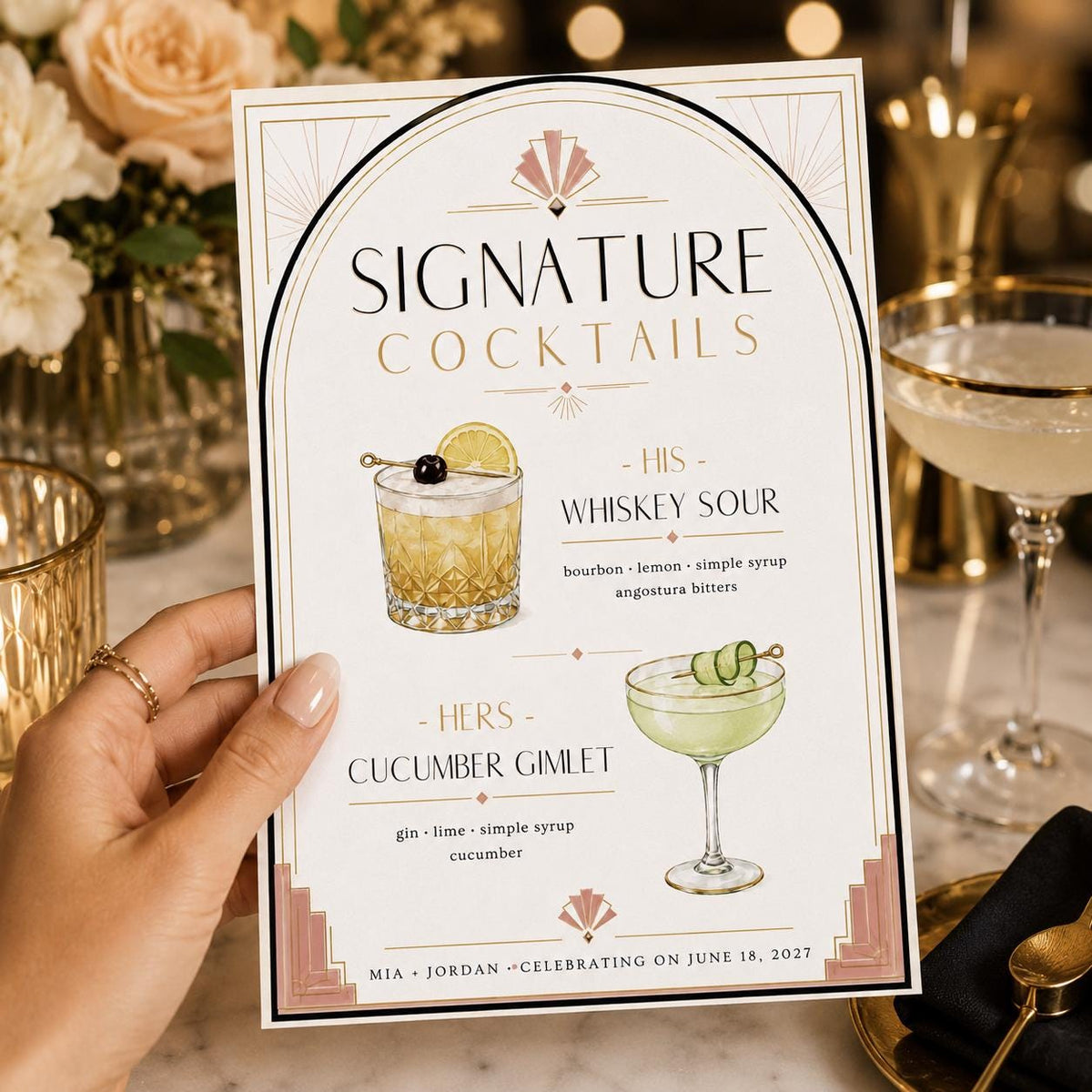 Art Deco Signature Cocktail Wedding Menu — digital menu design, instant download