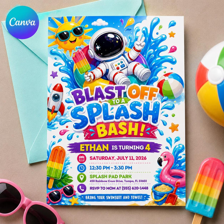 Astronaut Splash Party 4th Birthday Invitation